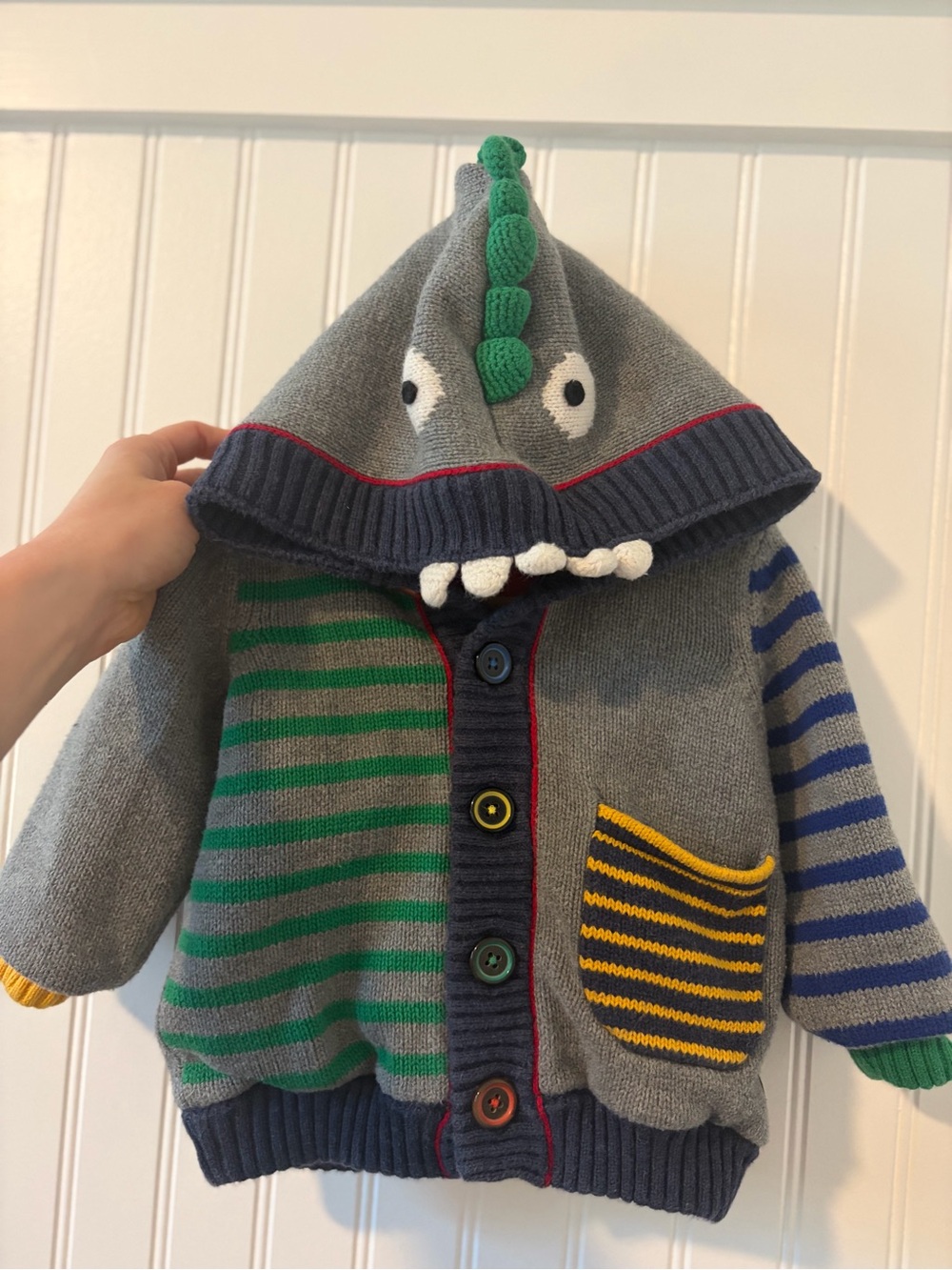 Hanna Andersson kids Grey Dino Hooded Cardigan with Green & Blue Stripes